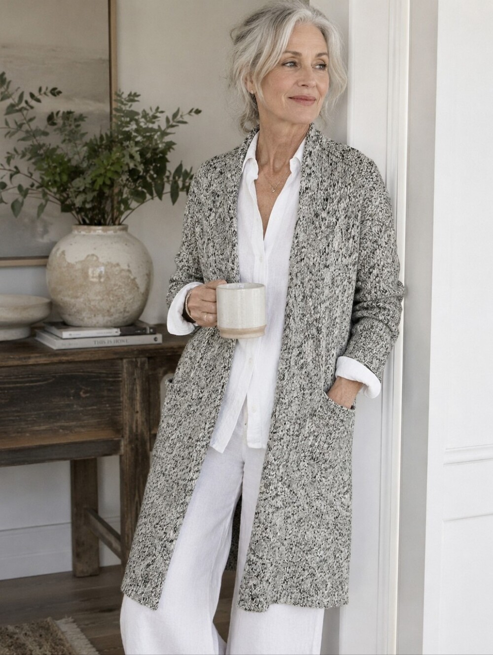 PURE JILL MARLED OPEN FRONT LONG CARDIGAN SWEATER GRAY BLACK SZ L